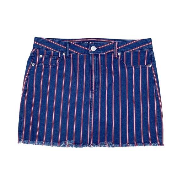 NEW American Eagle Super Stretch Hi-Rise Denim Mini Skirt Retro Stripe Size 16 - Picture 2 of 10